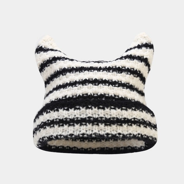 Striped Horned Streetwear Knitted Beanie