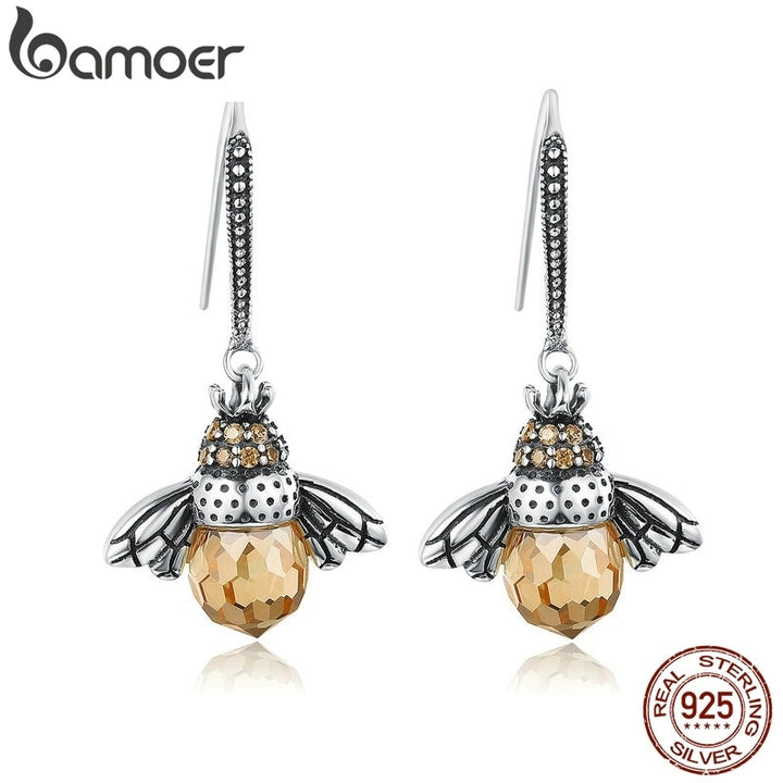 Yellow Crystal Bee Drop Earrings .925 Silver