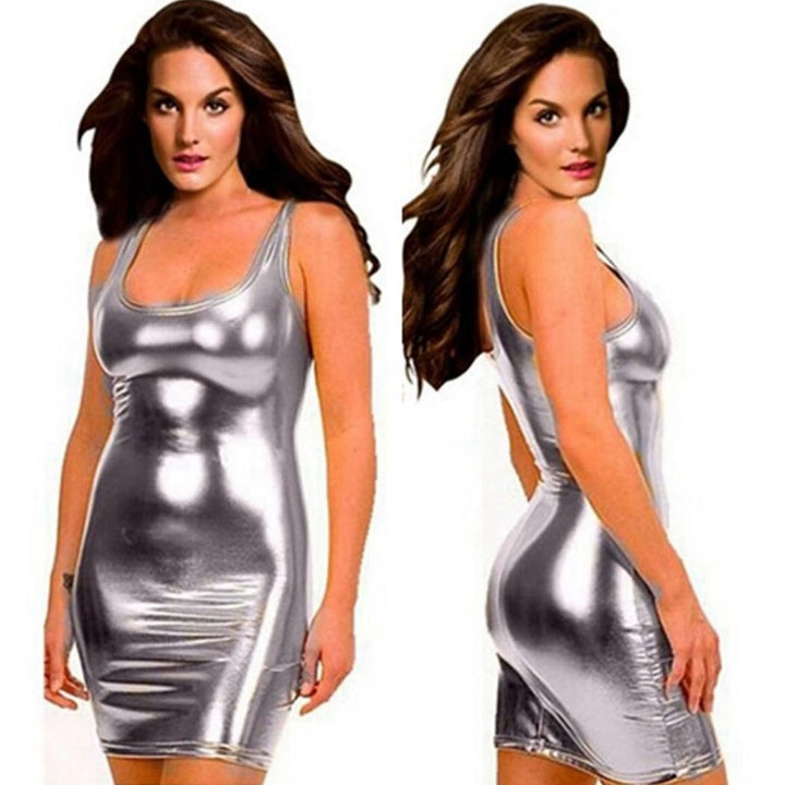 Women Sexy Wetlook Faux Leather Bodycon Dress